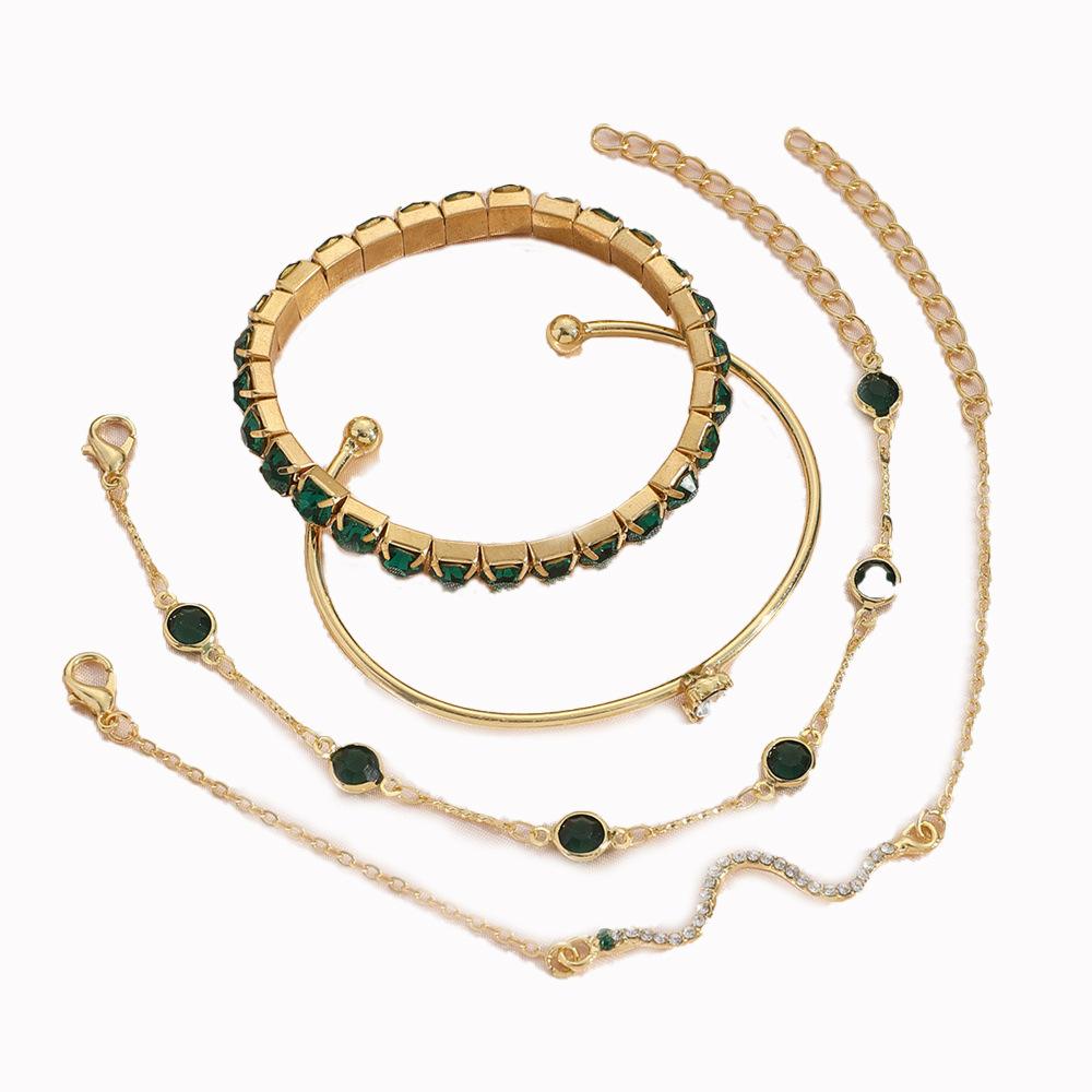 Set de 4 Pulseras Elásticas Omnia – Brazaletes de Diamantes de Imitación Verdes para Mujer | Estilo Lujoso y Ajustable - Imagen 3