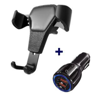 Soporte de Gravedad Omnia para Coche – Textura de Cuero Premium + Cargador Dual de Carga Rápida 3.1A