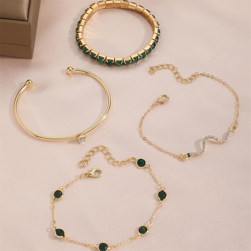 Set de 4 Pulseras Elásticas Omnia – Brazaletes de Diamantes de Imitación Verdes para Mujer | Estilo Lujoso y Ajustable - Imagen 2