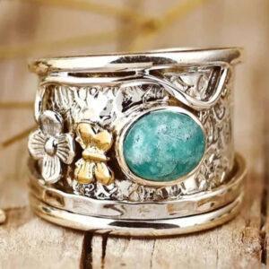 Anillo retro Thai de plata con piedra lunar y ónix en forma de mariposa