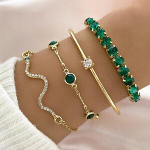 Set de 4 Pulseras Elásticas Omnia – Brazaletes de Diamantes de Imitación Verdes para Mujer | Estilo Lujoso y Ajustable